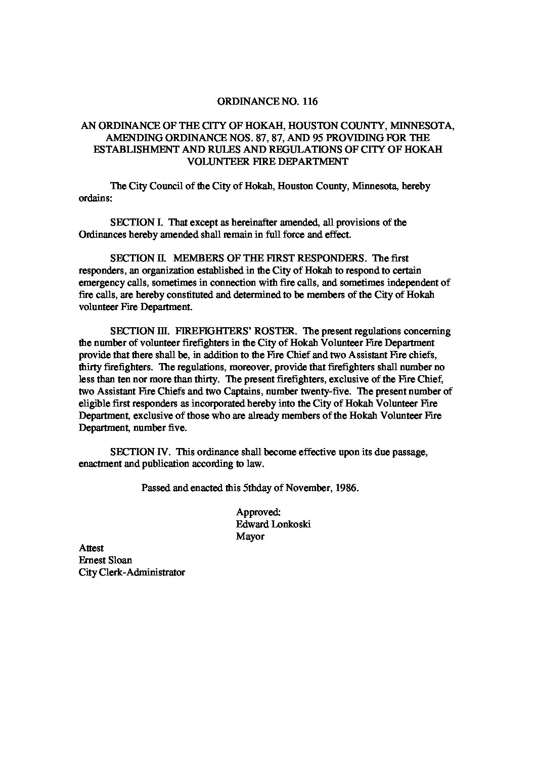 ORDINANCE NO 116 Establishment of a Volunteer Fire Department AMENDING
